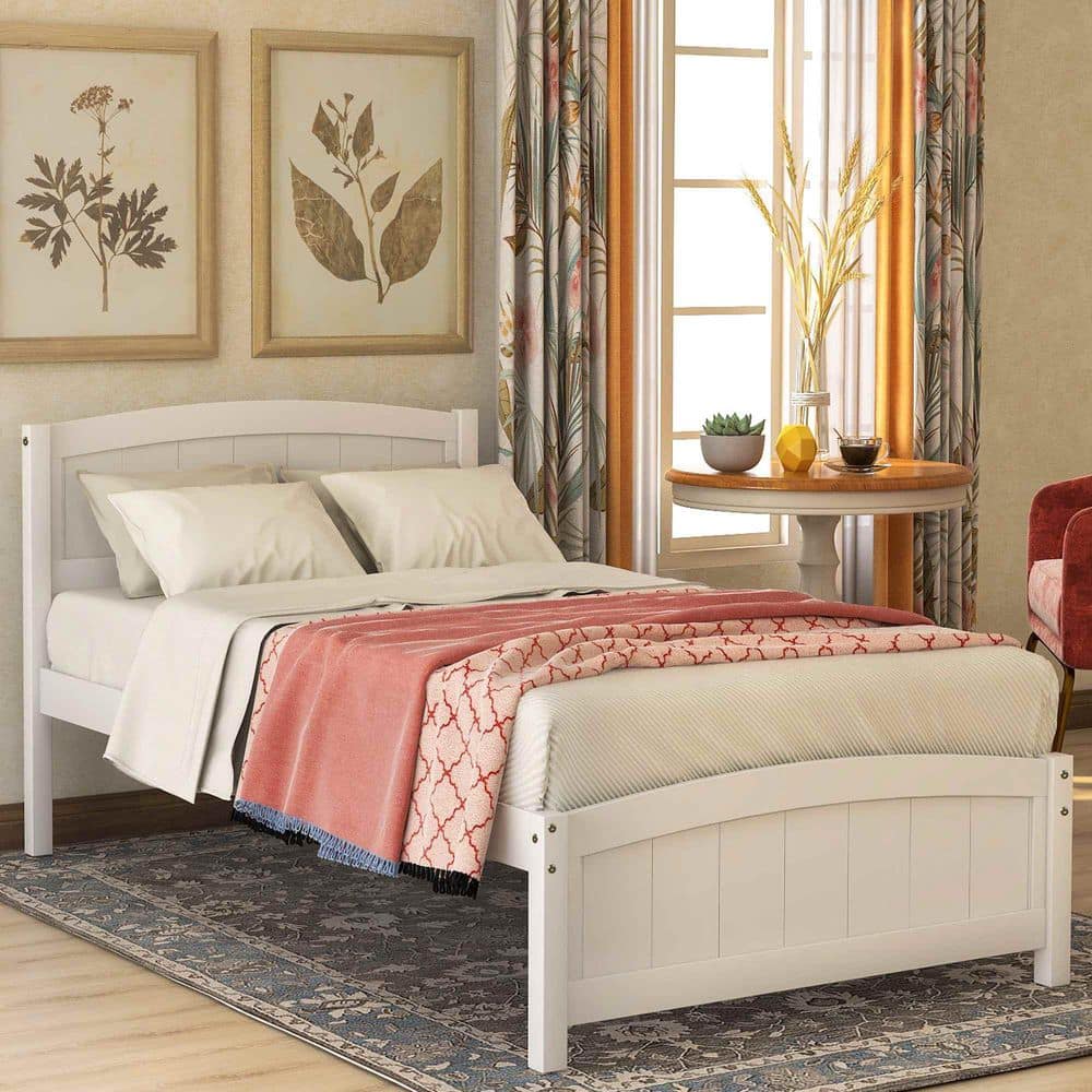 White Wood Frame Twin Platform Bed with Headboard, Footboard, Wood Slat Support