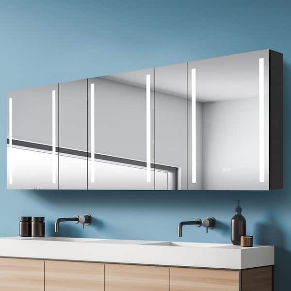 80 in. W x 30 in. H Rectangular Aluminum Anti-Fog Dimmable Black Smart Lighted Medicine Cabinet with Mirror for Bathroom