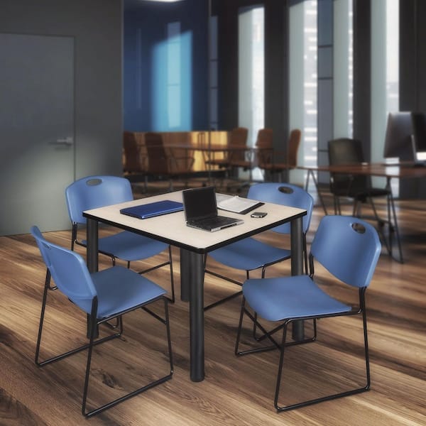 Kee 42 in. Maple Top Square Breakroom Table Desk, Black Legs, 4 Zeng Stack Chairs-Blue