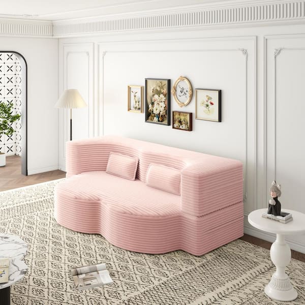 78" Square Arm Corduroy Curved Floor Sofa w/Pillows Foam-Filled Sleeper Sofa Bed 15" Full Folding Mattress in Light Pink