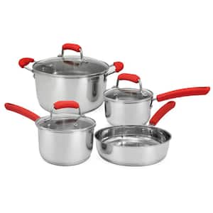 7-Piece Stainless Steel Cookware Set with Red Silicone handles