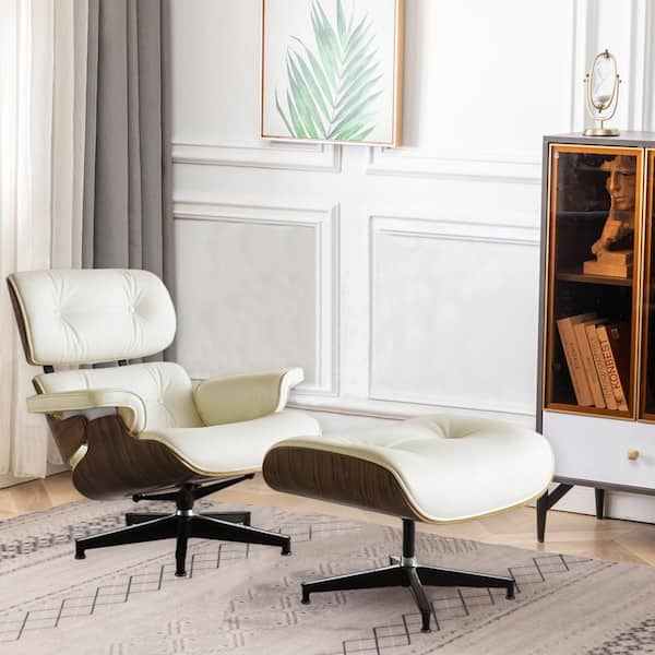Comfortable Ivory White Lounge Chair in Top Layer Cowhide Arm 