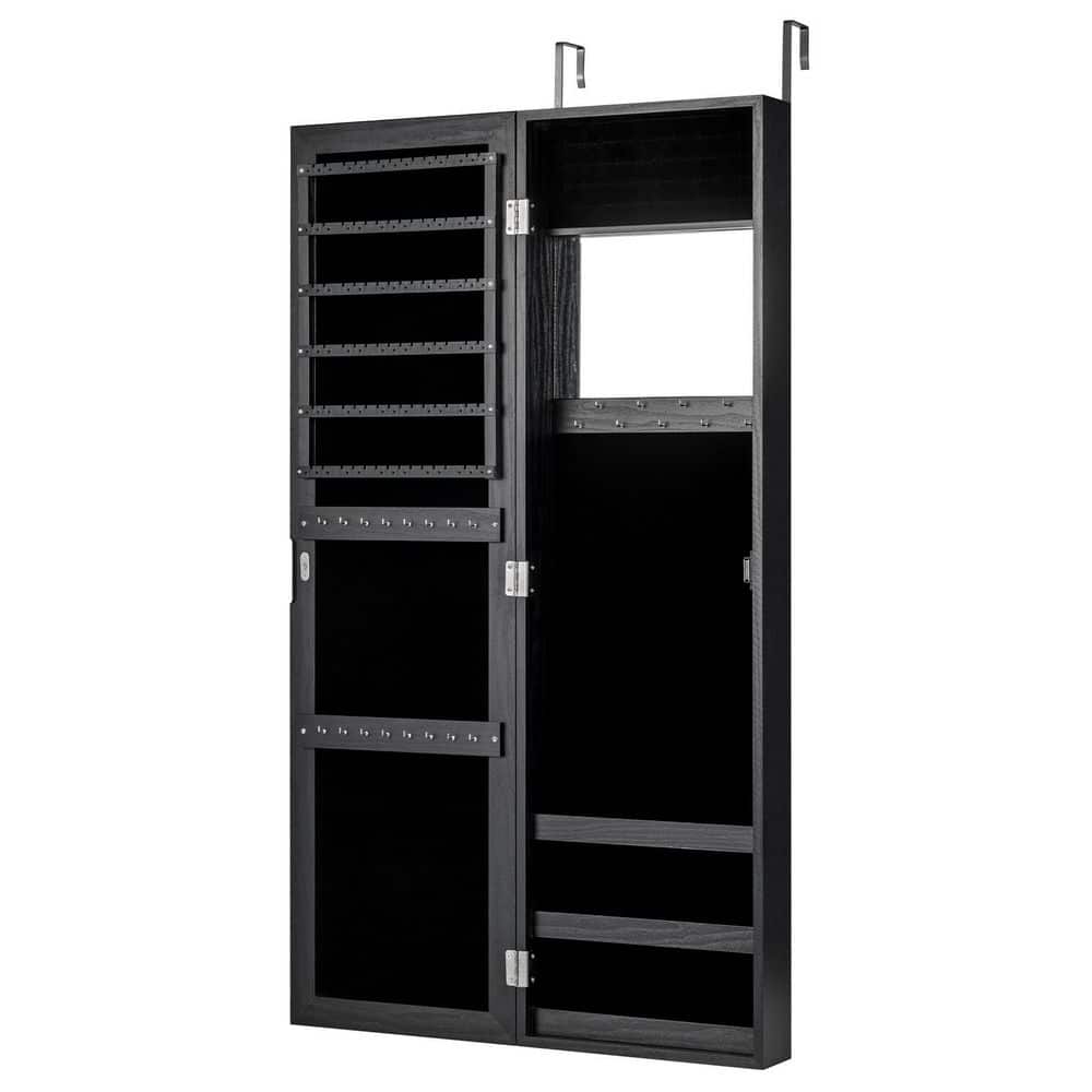 Front view of the closed black wood wall-mounted jewelry armoire.