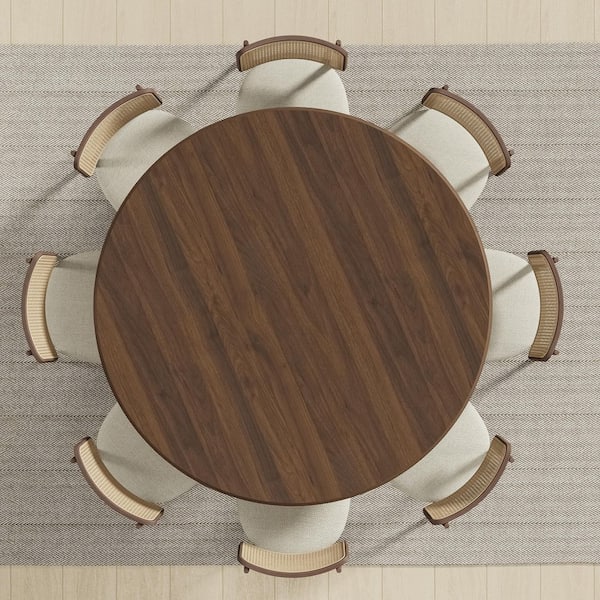 Lirago Cone Walnut Colored Wood 60" Column Base Wide Strip Duckbill Edge Dining Table for 8