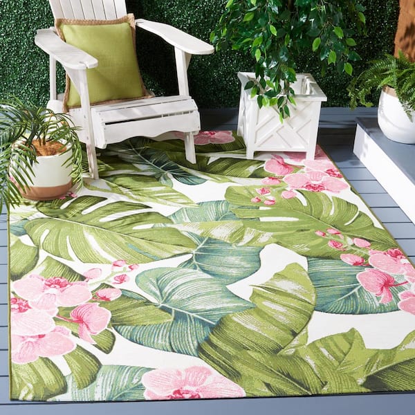 Barbados Green/Pink 7 ft. x 7 ft. Square Tropical Floral Indoor/Outdoor Area Rug