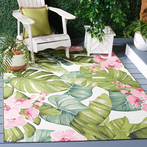 Modern Floral 6x8 Outdoor Area Rug Contemporary Aesthetic Green Pink Flower  Texture Rug for Balcony Patio Deck Porch Washable Reversible Garden Large