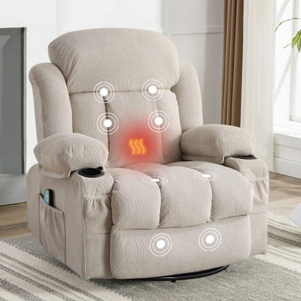 Beige Velvet Recliners Massage Heated Reclining for Elderly with USB and 2-Cup Holders