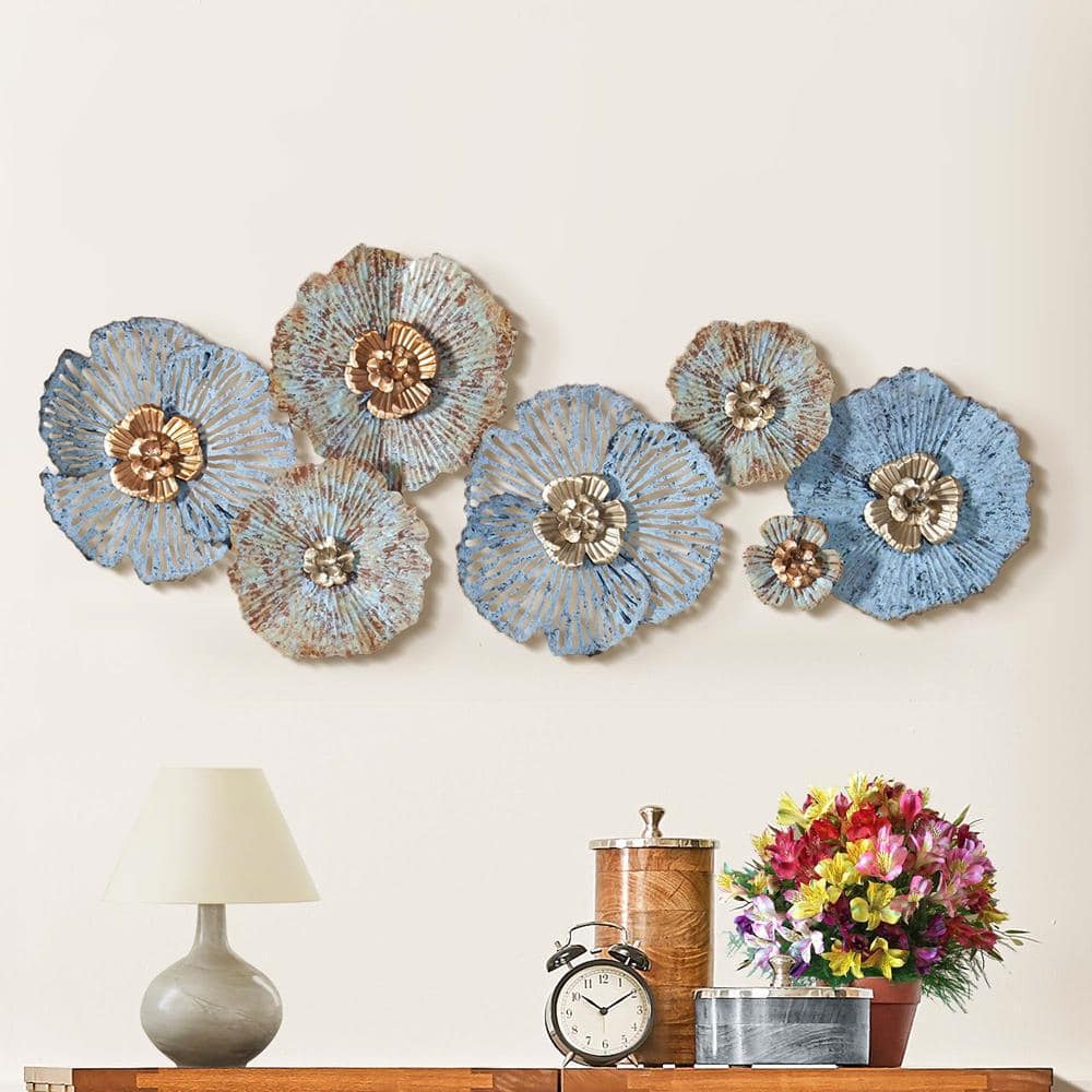 Distressed Blue and Gold Floral Iron Wall Sculpture