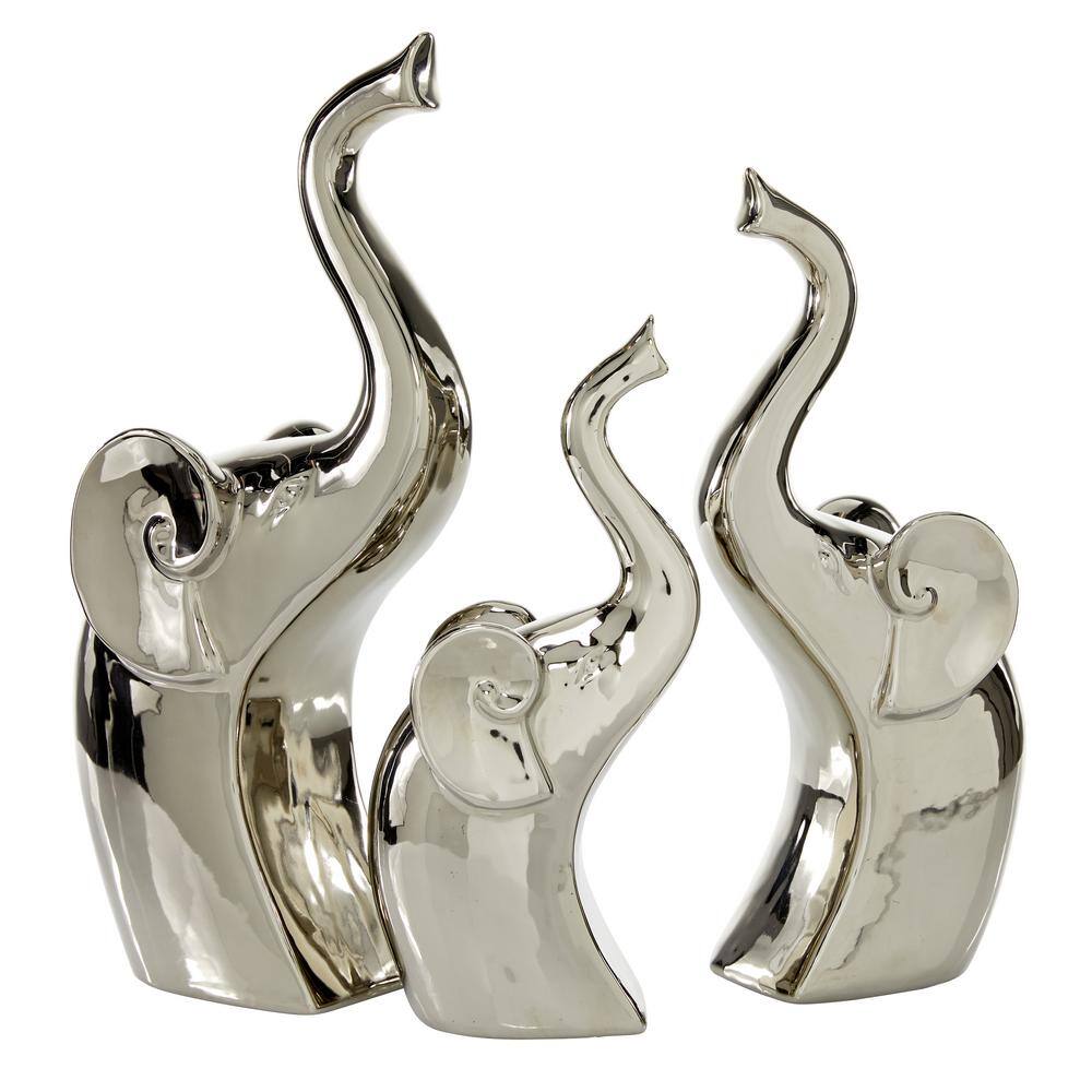 Silver Porcelain Elephant Statue Set with Polished Finish