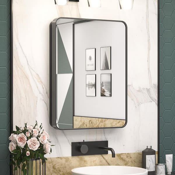 21 in. W x 27 in. H Rectangular Black Stainless Steels Framed Recessed/Surface Mount Medicine Cabinet with Mirror