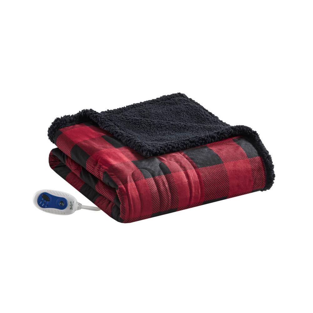 Linden Red and Black Faux Fur Electric Heated Blanket