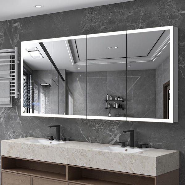 72 in. W x 32 in. H Rectangular Silver Aluminum Recessed/Surface Mount Medicine Cabinet with Mirror LED