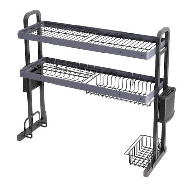 JASIWAY 34.6 in. Gray Stainless Steel 2-Tier Adjustable Dish Rack Standing Drying Rack Dish Drainers with 6 Hooks