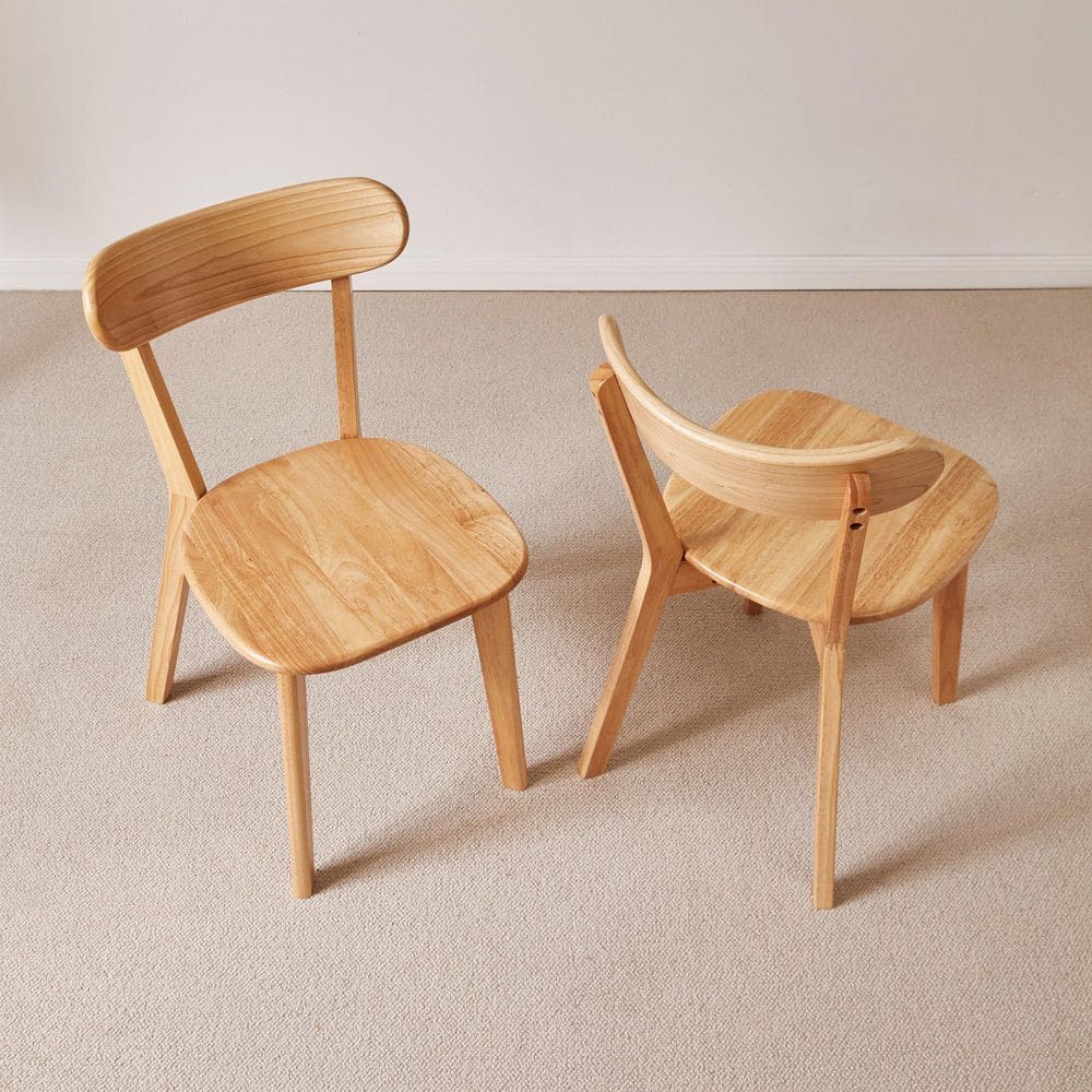 Natural Solid Rubber Wood Dining Chair with Curved Backrest (Set of 2)