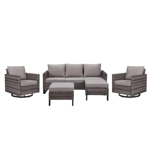 5-Piece Gray Wicker Patio Conversation Swivel Outdoor Rocking Chair Set Sectional Sofa with Beige Cushions
