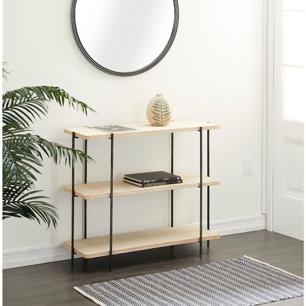 Litton Lane 40 in. Beige Extra Large Rectangle Wood 2 Shelves Console Table with Slim Black Metal Legs