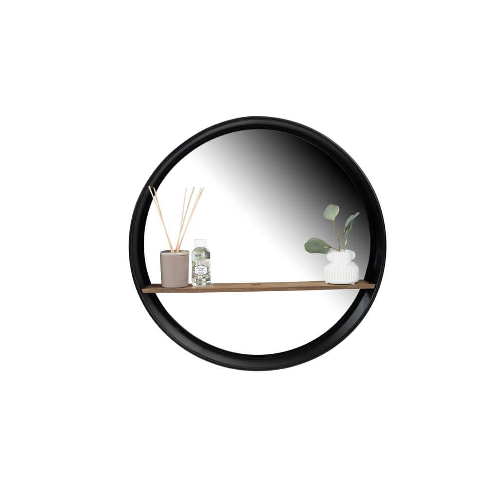 Contemporary Black Metal & Wood Round Wall Mirror with Shelf