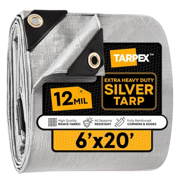 12 Mil Extra Heavy-Duty Poly Tarp 6 ft. x 20 ft. Plastic UV Resistant Multi-Purpose Silver Cover