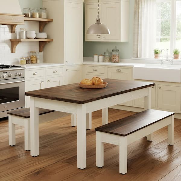 BYBLIGHT 3-Piece Rectangle White and Brown Wood Top Dining Room