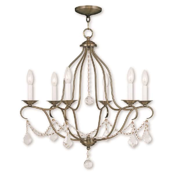 Livex Lighting Chesterfield 6-Light 60-Watt Antique Brass Chandelier with Clear Crystals and No Bulbs Included
