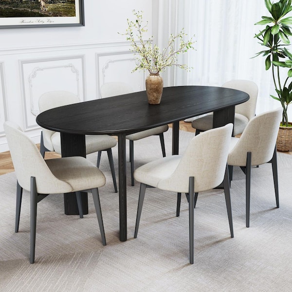 Lirago 7-Pieces Black Oval Wood Top 4-Leg Dining Table Set 6-Seats