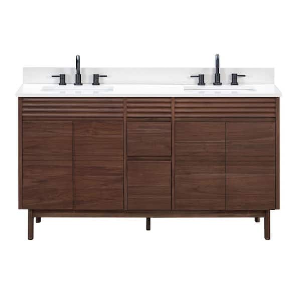 Carina 61 in. Double Sink Coffee Teak Bath Vanity with White Engineered Stone Top