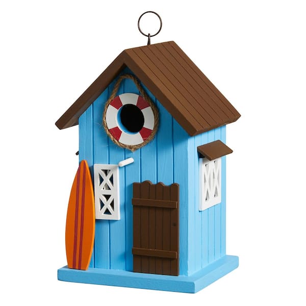 10 in. H Modern Solid Wood Blue Beach Hut Decorative Outdoor Garden Birdhouse