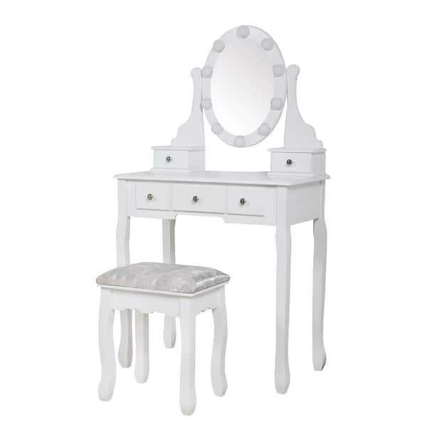 Tidoin 5-Drawer White Wood Dresser with Mirror, Stool and LED Lights 52.76 in. H x 29.53 in. W x 15.75 in. D