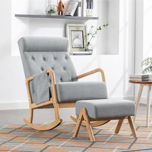Mid-Century Modern Grey Upholstered Fabric Rocking Chair Nursery With Ottoman Set of 2 with Thick Padded Cushion