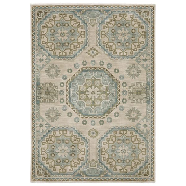 Maco Beige/Blue 10 ft. x 13 ft. Geometric Medallion Polypropylene Fringe-Edge Indoor Area Rug