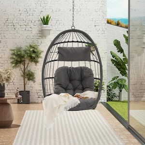 Outdoor Garden Rattan Egg Swing Chair Hanging Chair with Light Gray Cushions (No Stand)