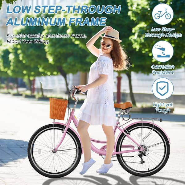 ABORON Womens Bike 7-Speed 24 in. Beach Cruiser Bike for Women Step Through Adult Bicycle with Front Basket for City Commuting