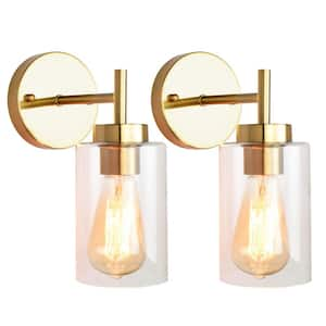 7.4 in. 1-Light Gold Modern Dimmable Wall Sconce Bathroom Vanity-Light with Clear Glass Shade (Set of 2)