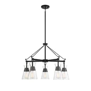 Lakewood 28 in. W x 20 in. H 5-Light Matte Black Chandelier with Clear Glass Shades