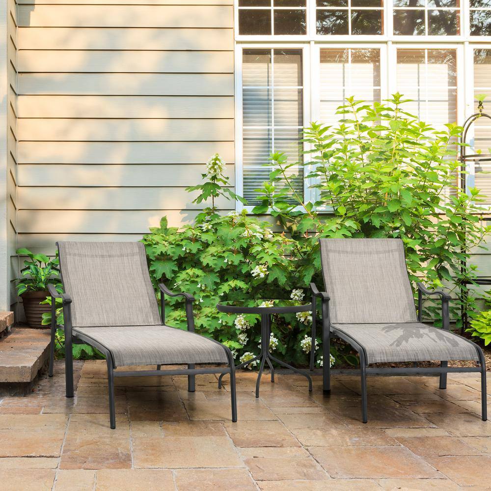 Gray 3-Piece Adjustable Iron Chaise Lounge Set with Glass Table