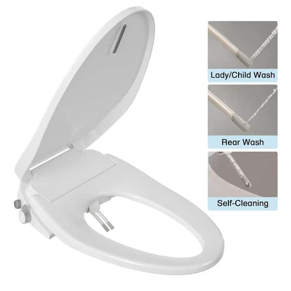 DEERVALLEY Non-Electric Quiet Close Bidet Seat for Elongated Toilets in White with Double Nozzles, Rinsing without Electricity