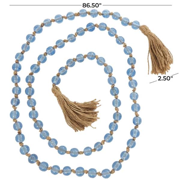 Litton Lane Light Blue Handmade Glass Round Long Beaded Garland with Tassel with Knotted Brown Jute