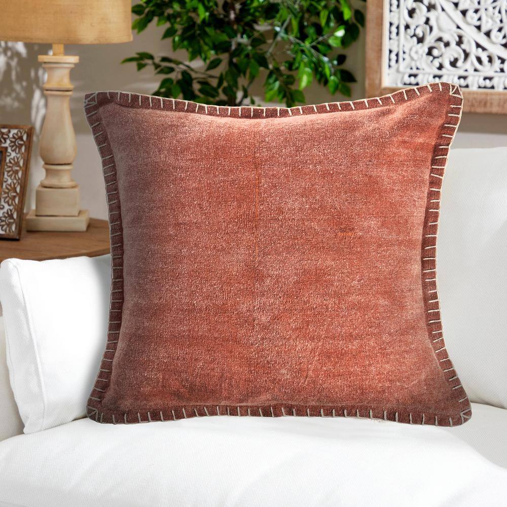 Clay Brown Embroidered Edges 24" Square Throw Pillow