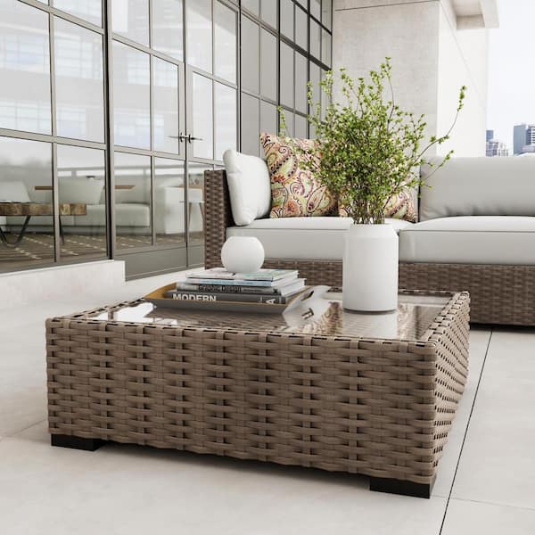 Hampton Bay Commercial Gray Square, Outdoor Wicker End Table With Glass Top