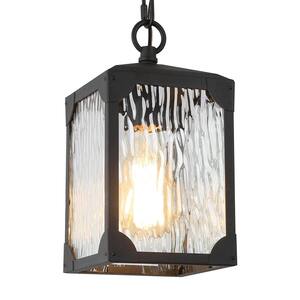 Modern Matte Black Outdoor Pendant Light Square 1-Light Cage Lantern Hanging Light with Water Glass Shade
