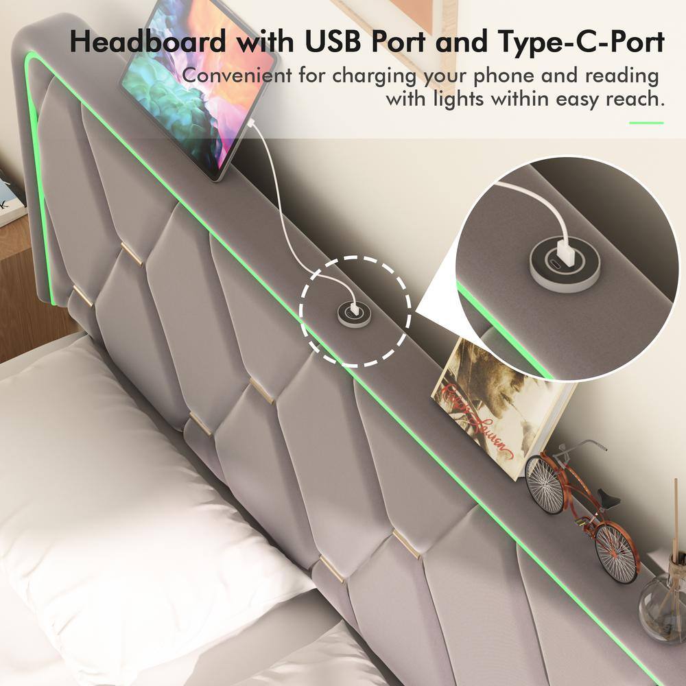Upholstered Bed Queen Smart LED Bed Frame with Adjustable Gray Headboard, Platform Bed with Solid Wood Slats Support - thumbnail 8
