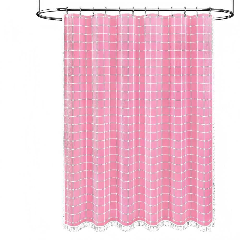 72 in. W x 84 in. L Linen Blend Blackout Shower Curtain, Boho Farmhouse Plaid with Tassels, Water Repellent, in Pink price history on PriceWatchPro