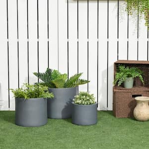11 in. Tall Dark Gray Light-Weight Concrete Magnesium Oxide Round Modern Seamless Outdoor Planter (Set of 3)