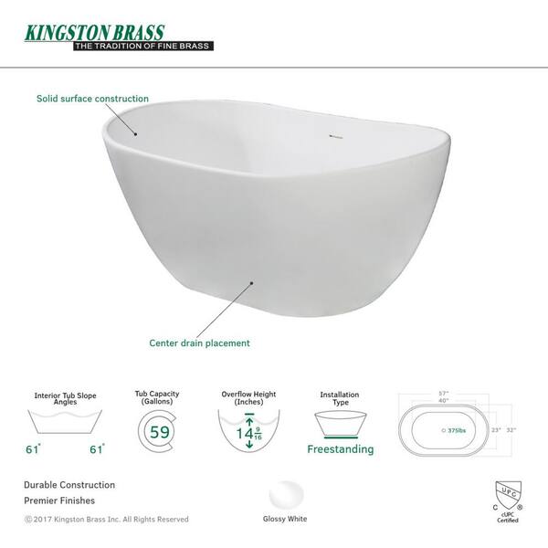 Collete 56.3 in. Solid Surface Flatbottom Freestanding Bathtub in White Collete 56.3 in. Solid Surface Flatbottom Freestanding Bathtub in White