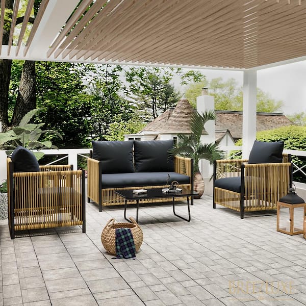 HOMEFUN Light Brown Wicker 4-piece Outdoor Patio Sectional Sofa Set with Dark Gray Removable Cushion and Table