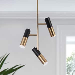 16-Watt Modern 3-Light Black Integrated LED Linear Chandelier Lighting, Brass Gold Pendant Light with Cylinder Shade