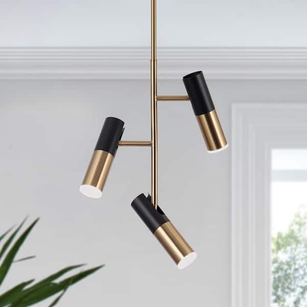 Zevni 16-Watt Modern 3-Light Black Integrated LED Linear Chandelier Lighting, Brass Gold Pendant Light with Cylinder Shade