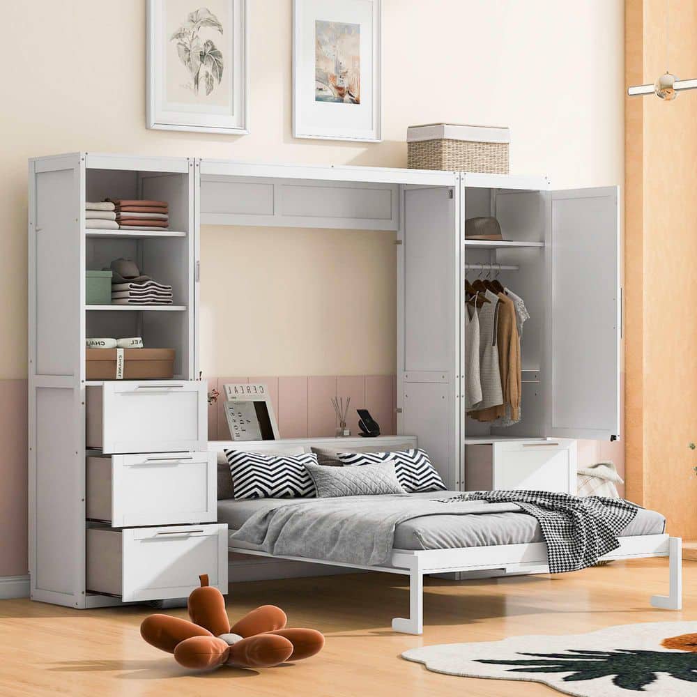 Polibi White Wood Frame Queen Size Murphy Bed with Closet, Drawers