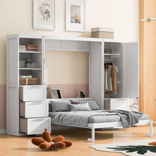 White Wood Frame Queen Size Murphy Bed with Closet, Drawers and Shelves