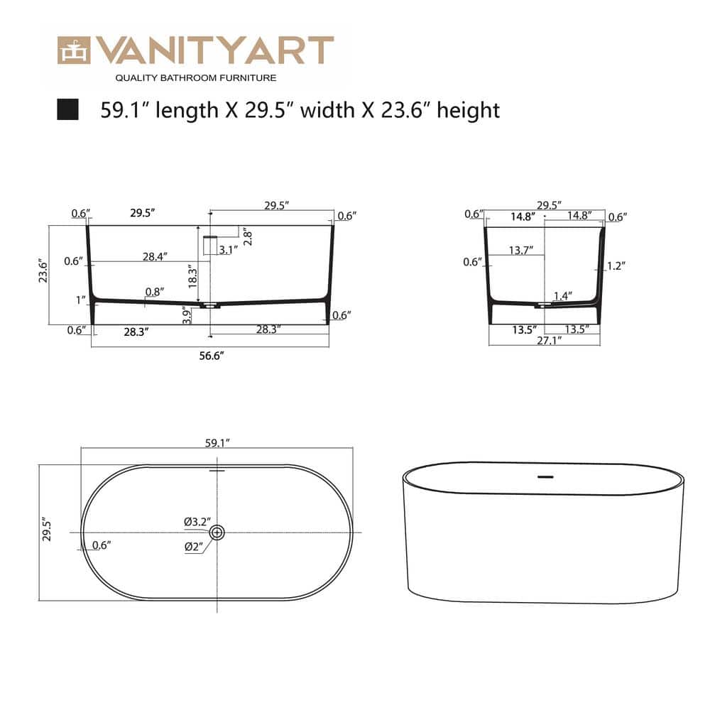 59" Glossy White Stone Resin Freestanding Soaking Bathtub